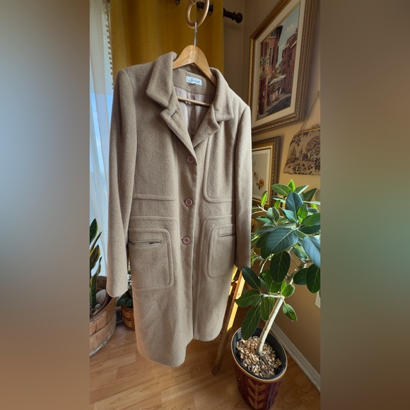 100% Camel Hair & Satin Vintage Long-Line Peacoat Size 10 in Warm Tan - Picture 2 of 15